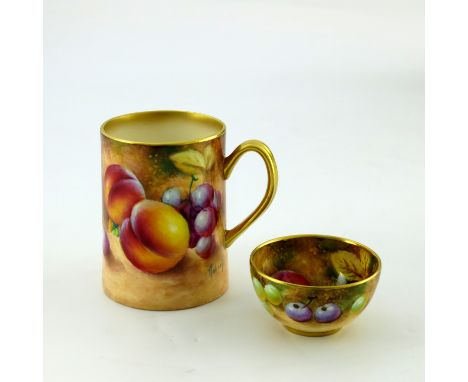 A Royal Worcester fruit painted christening mug, circa 1960, cylindrical form, decorated with peaches and grapes on moss cove