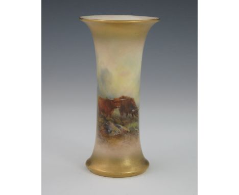 James Stinton for Royal Worcester,  a vase circa 1923, trumpet form, decorated with Highland cattle in a mist covered mountai