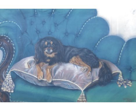 William Ellis (British, 19th Century), portrait of a black and tan King Charles Spaniel on a tasselled cushion signed and dat