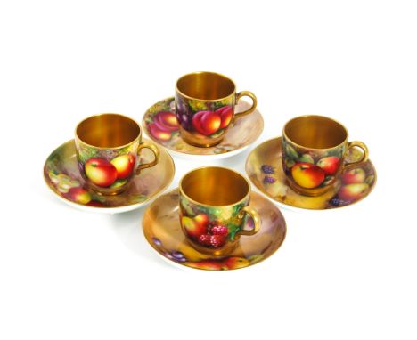 Edward Townsend et al for Royal Worcester, four fruit painted cabinet cups and saucers, circa 1930, decorated in the round wi