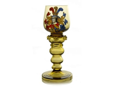 Theresienthal, a Bohemian enamelled armorial glass roemer, circa 1900, olive green, the tulip bowl decorated with gilt, blue 