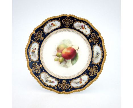 R Sebright for Royal Worcester, a fruit painted dessert plate, 1908, plums and gooseberries within a gilt cartouche blue grou
