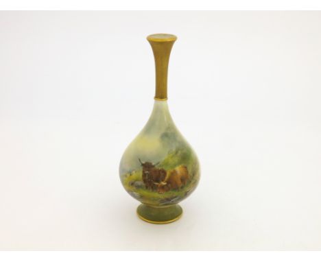 Harry Stinton for Royal Worcester, a Highland Cattle painted vase, 1917, teardrop bottle form with splayed foot, decorated wi
