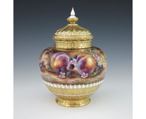 Sally Wood for Royal Worcester, a fruit painted potpourri jar and cover, circa 2000,  ovoid shouldered form, decorated in the