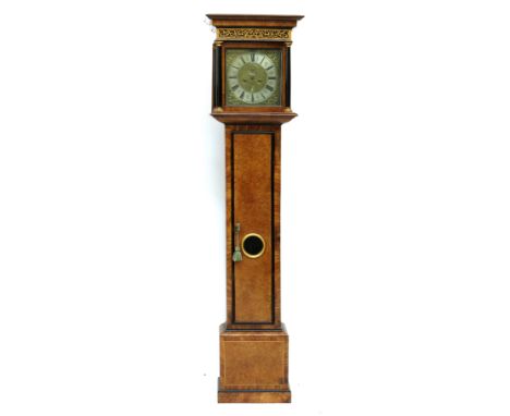 J. Clowes, London, a William &amp; Mary longcase clock, amboyna and walnut case, plain moulded cornice, blind fretwork scroll