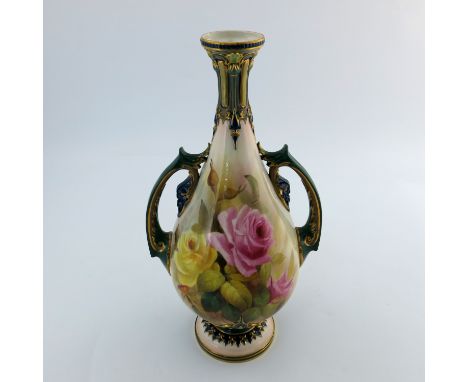 A Hadley's Worcester rose painted vase, circa 1909, teardrop form, decorated with pink and yellow blooms and leaves, anthemio