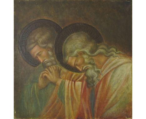 19th Century School, a study of two Saints in the manner of an early Italian fresco, tempera on panel, 50 by 50cm, in a carve