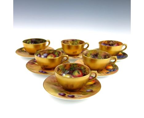 Moseley, Rushton, Phillips et al for Royal Worcester, six fruit painted cabinet cups and saucers, circa1922,  decorated inter