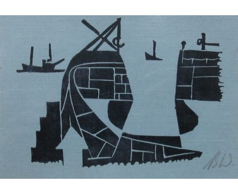 Bryan Wynter (British, 1915-1975), a Cornish harbour with fishing boats, signed with initials l.r., woodblock print, 10 by 14