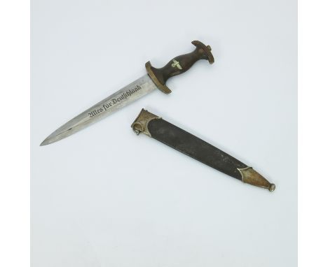 Third Reich German SA dagger, housed in painted scabbard with nickel silver mounts, hilt and wood grip inset with eagle and s