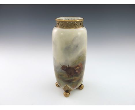 Harry Stinton for Royal Worcester, a Highland Cattle painted vase, 1919, rounded cylindrical form with reticulated neck, deco