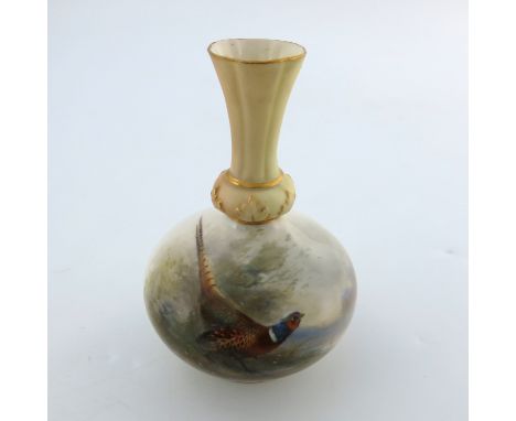 James Stinton for George Grainger &amp; Co, Worcester, painted and blush ivory vase, onion form decorated with a cock pheasan