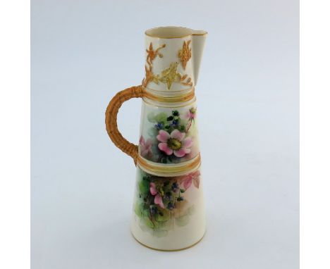 G H Cole for Royal Worcester, a floral painted jug, circa 1908, cylindrical tapered form, decorated with dog rose and violets