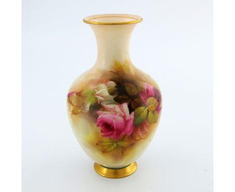 R Austin for Royal Worcester, a rose painted vase, baluster form, circa 1923, decorated with pink blooms and leaves, signed, 