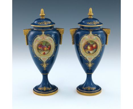 William Bee for Royal Worcester, a pair of fruit painted pedestal vases and covers, circa 1928, decorated with circular panel