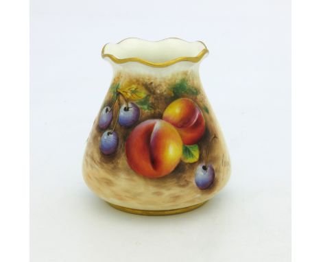 William Roberts for Royal Worcester, a fruit painted vase, tapered wrythen form, decorated  with peaches and cherries on moss