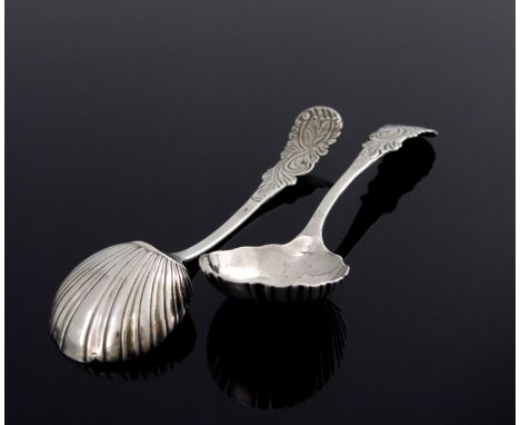 A pair of George II or George II Irish silver ladle spoons, Robert Calderwood, Dublin circa 1760, rounded shell back bowls on