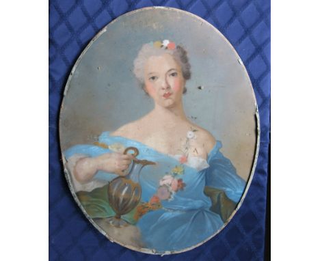 British School, circa 1770, portrait of a young lady, bust length in a blue dress holding an ewer, oval, pastel, 81 by 65cm, 