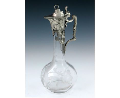 WMF, a Jugendstil silver plated and etched glass claret jug, the globe and shaft form body engraved with floral design, mount