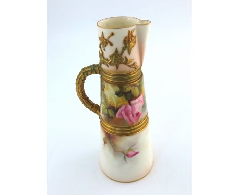 R Austin for Royal Worcester, a rose painted jug, circa 1912, cylindrical tapered form, decorated with pink and yellow blooms