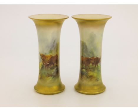 Harry Stinton for Royal Worcester, a pair of Highland Cattle painted spill vases, 1918, waisted form, decorated with cows in 