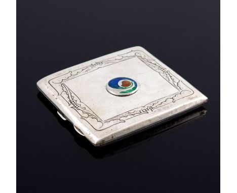 Archibald Knox for Liberty and Co., an Arts and Crafts silver and enamelled cigarette case, Birmingham 1929,planished rectang