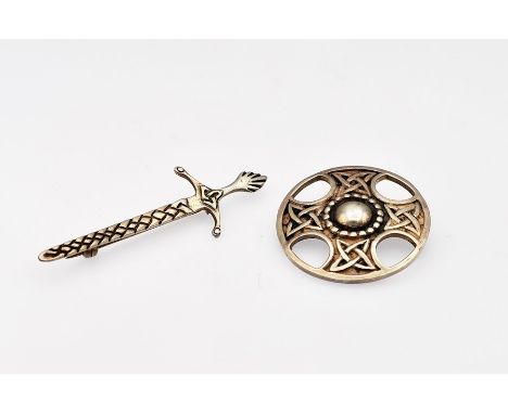 Scottish Silver - A Hamish Dawson-Bowman Scottish silver brooch in Celtic design of a sword dated 1967 hallmarked with thistl