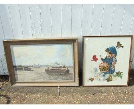 PICTURE OF "HOOD" BARGE ON THE THAMES AND TAPESTRY PICTURE OF YOUNG GIRL