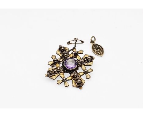 Silver brooch marked Jerusalem silver with a Celtic style silver pendant, approx 19.6 grams