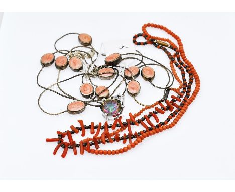 a silver amethyst pendant with silver adjustable chain and two coral necklace 