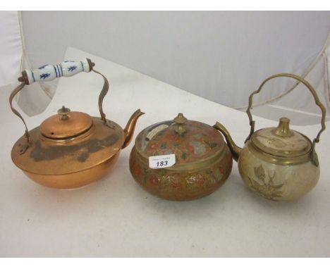 BRASS KETTLE, COPPER KETTLE AND PAINTED BRASS TRINKET BOX