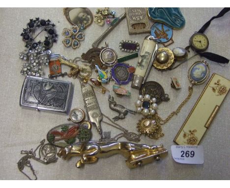 COLLECTION OF JEWELLERY AND VINTAGE COLLECTABLES TO INCLUDE CAR MASCOT,  CAMEOS, BADGES ETC 9 CT GOLD COMPASS FOB , 9 CT GOLD