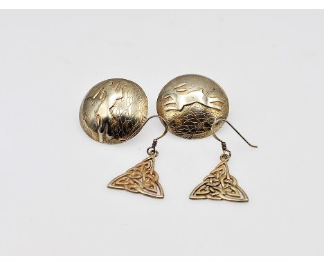 Two pairs of silver earrings, rabbits and Celtic design, 