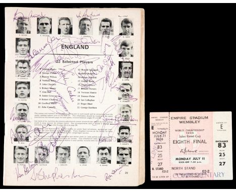 An autographed 1966 World Cup tournament programme,
the England team page (p.29) signed by 18 members of the World Cup squad,