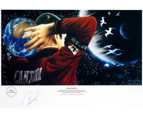 A Manchester United print featuring Eric Cantona,
signed by the joint-artists Jose Palomares & Stewart W. Beckett, titled PHE