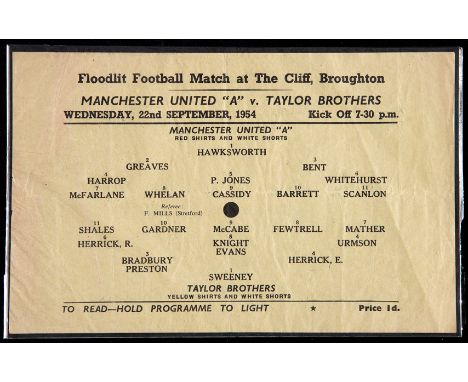 A scarce Manchester United 'A' v Taylor Brothers match programme 22nd September 1954,
Floodlit match played at The Cliff, Bro