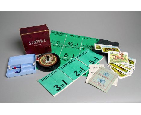 "Sandown" a horse racing roulette parlour game by F H Ayres,
the maroon cardboard box edition, comprising a roulette wheel, p