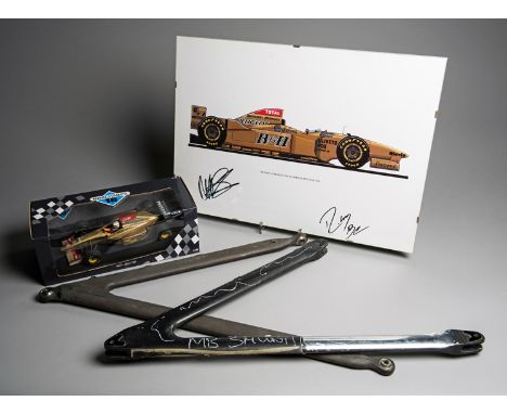 Martin Brundle 1996 Jordan Formula 1 memorabilia,
comprising both upper and lower front Jordan 196 wishbones, one in carbon-f