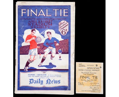 F.A. Cup Final programme and ticket stub for Cardiff City v Arsenal 23rd April 1927,
programme water damaged, central pages d