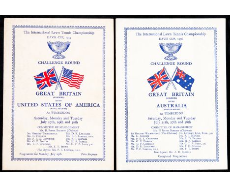 Two scarce Davis Cup programmes for 1935 and 1936,
The 1936 being a rare 'completed' programme with finished scores etc., lig