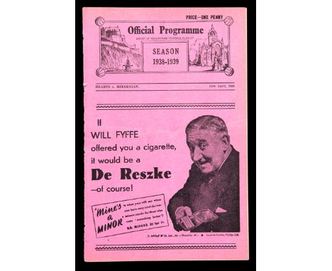 A rare Hearts v Hibernian programme for the East of Scotland Shield Final played at Tynecastle 15th April 1939,
good conditio