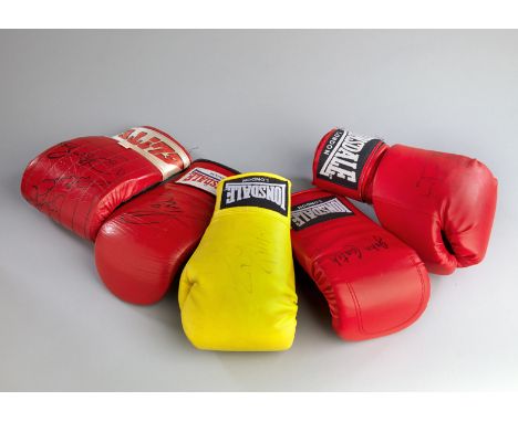 A collection of eight boxing gloves.
comprising: i) a multi-signed boxing glove, a red Everlast right-hand glove signed in a 
