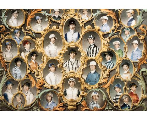 A modern reproduction of a decorative antiquarian print with vignettes of celebrated jockeys of the late 18th/early 19th cent