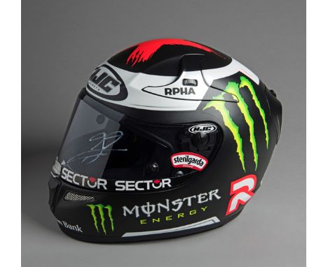 Jorge Lorenzo 2015 race-worn HJC helmet with signed visor,
a matt black, RPHA controlled-ventilation design race helmet, the 