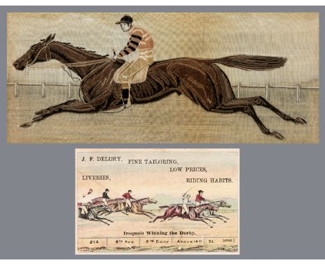 A rare and large Stevengraph of the 1881 Derby winner Iroquois with Fred Archer up,
silk picture, 10 by 23cm., 4 by 9in. the 