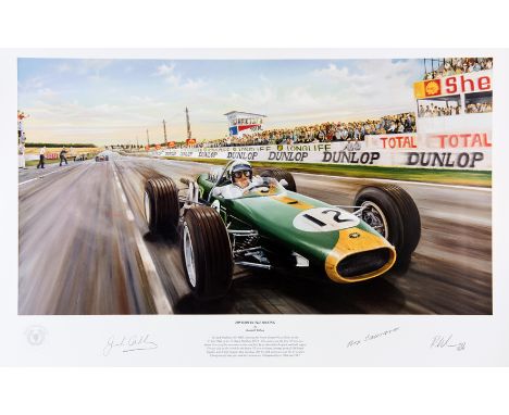 Jack Brabham and Ron Tauranac signed limited edition print and period photos,
the lithograph 'History in the Making' after Ra