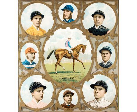 An 1895 lithograph featuring the champion racehorse Isinglass and portraits of leading jockeys,
comprising Osborne, Webb, Can