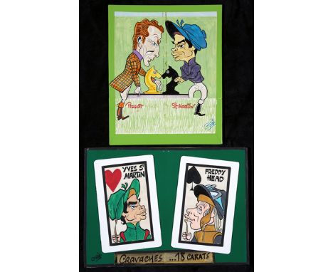 Two 'Siro' original artwork cartoons of jockeys,
signed, both double portraits, the first of Lester Piggott & Yves St. Martin