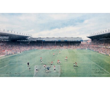 A Manchester United print signed by Sir Matt Busby,
a scene at Old Trafford, signed by Busby and by the artist, a limited edi