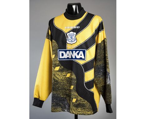 Neville Southall: a yellow & black Everton goalkeeping jersey from his Testimonial Match,
long-sleeved, inscribed NEVILLE SOU